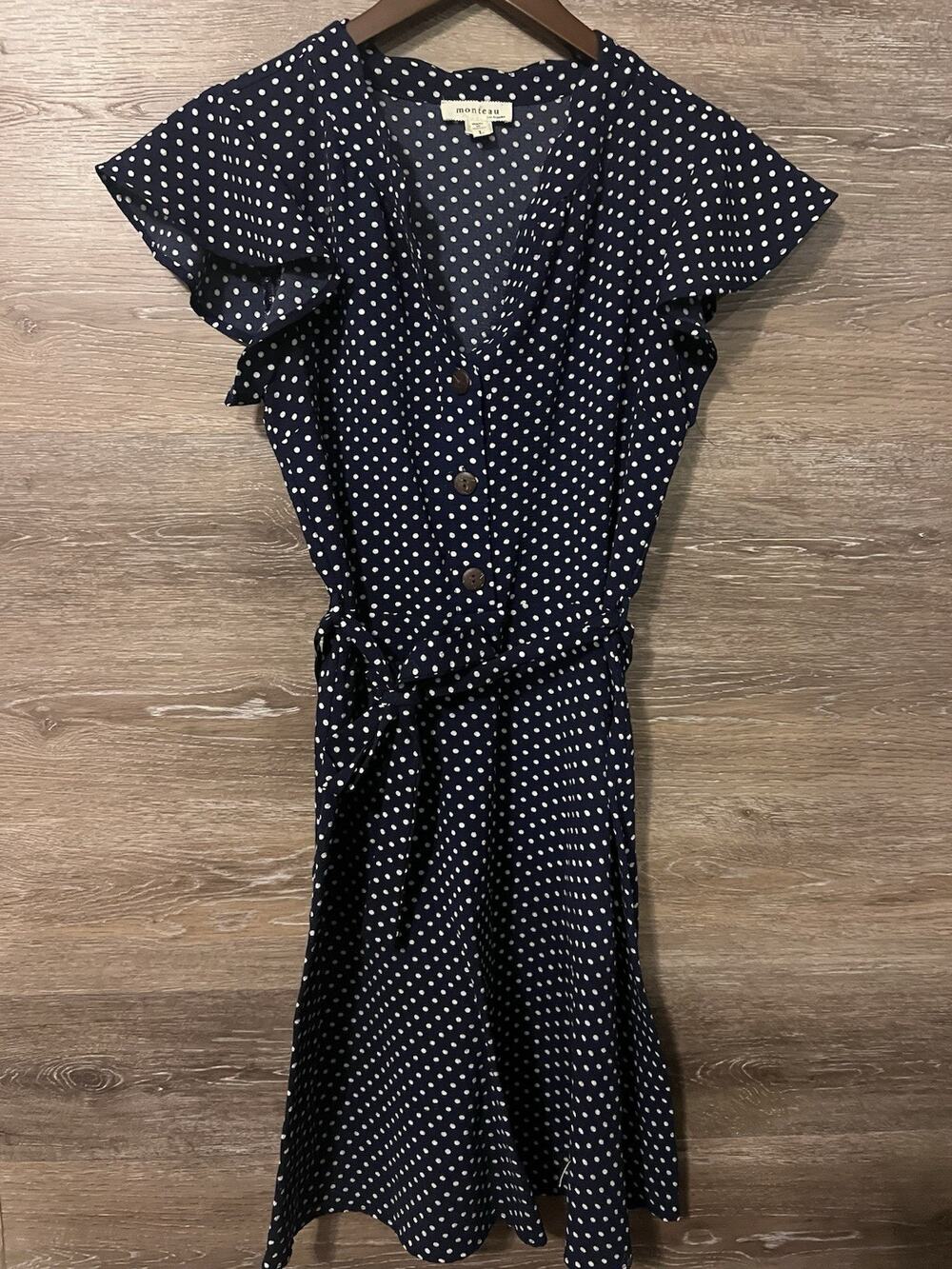 MONTEAU size L Navy Blue Polka Dot Dress Nautical Button Down Tie Waist